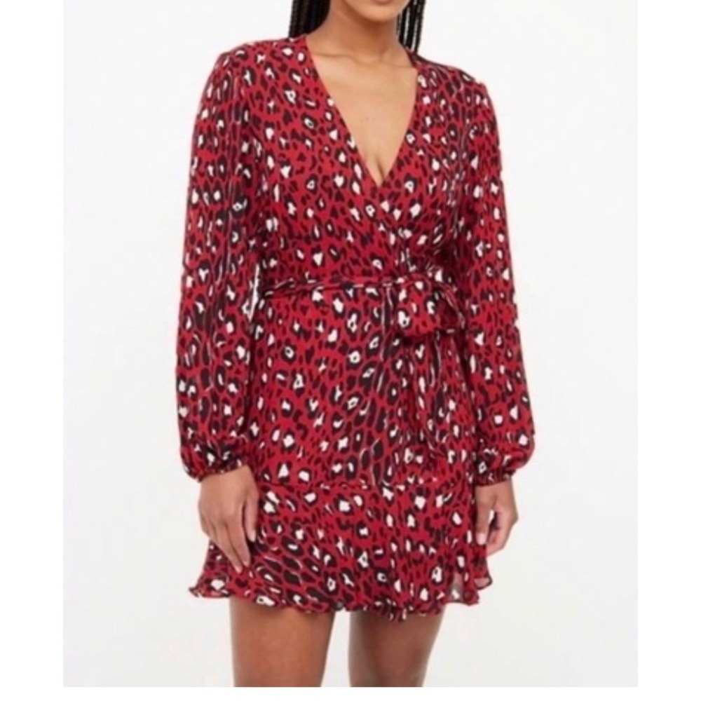 A.L.C. Red Michaela silk Leopard Print Wrap Dress boho ruffles 90s Y2K sz 8